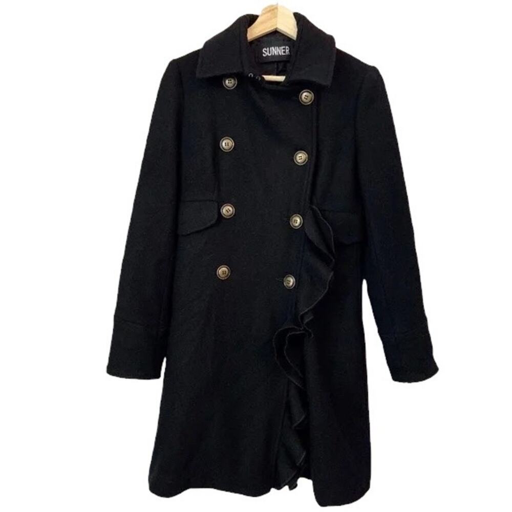 Sunner Black Wool & Cashmere Blend Ruffle Detail Mid-Length Coat Womens Small